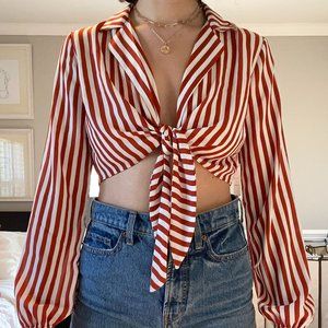 Forever 21 orange/white striped tie front crop